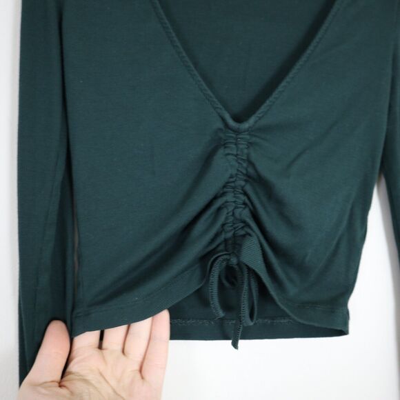 Aritzia Sunday Best Size XXS Vida Long Sleeve Crop Top Ribbed Green Ruched Front - Picture 5 of 10
